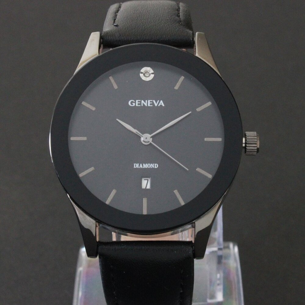 Geneva Men's Dress Watch Diamond At 12 Blacked Out Leather Strap 42mm - Picture 6 of 13